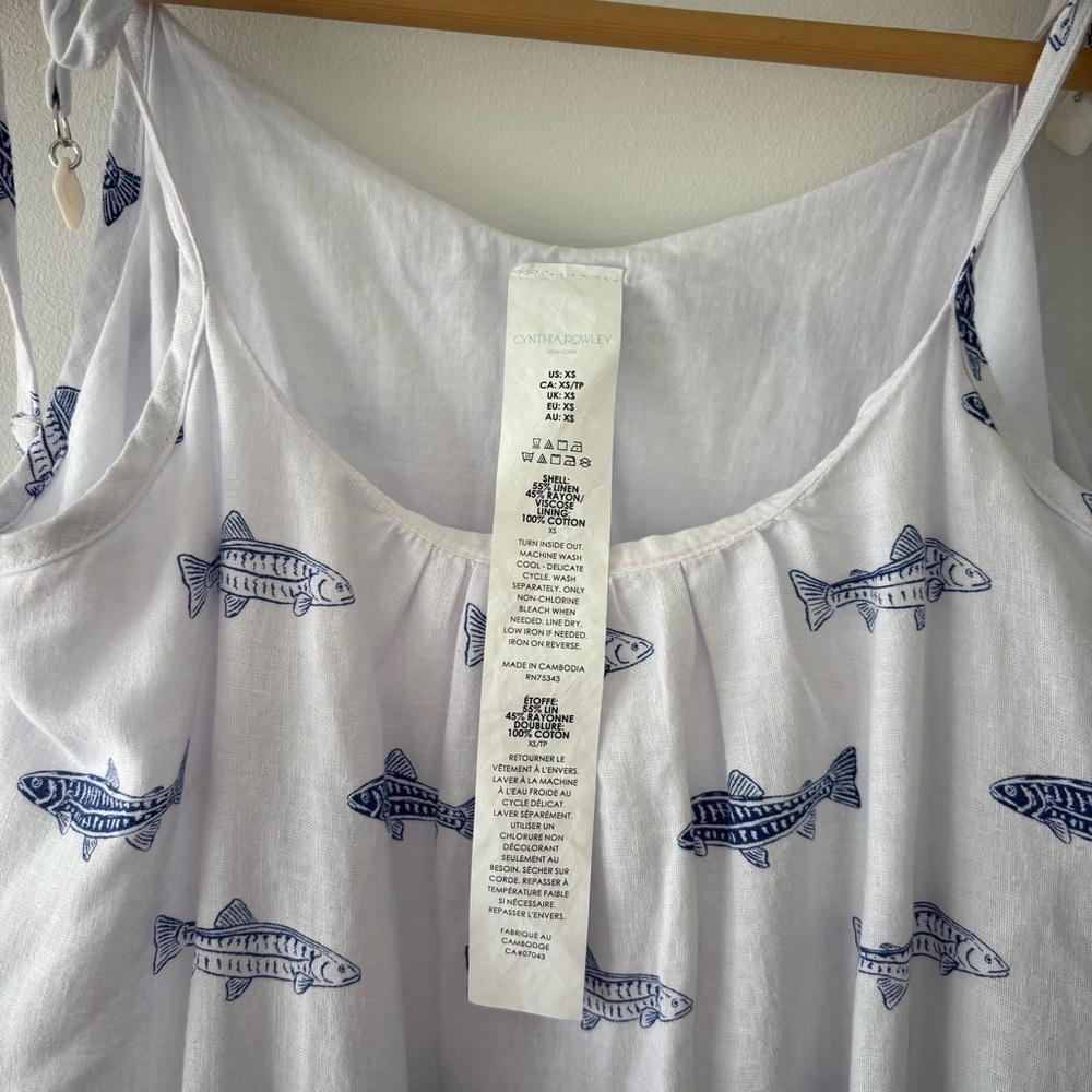 NWOT Cynthia Rowley Linen Blend Tie Strap Blue Fish  Print Flounce Dress XS - Picture 6 of 9